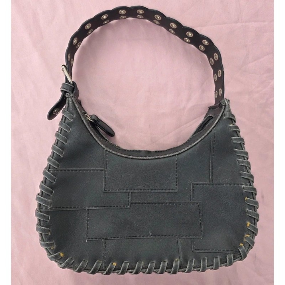 Vintage Black Patchwork Whipstitch Hobo Bag Grommet Strap Y2K Shoulder Bag